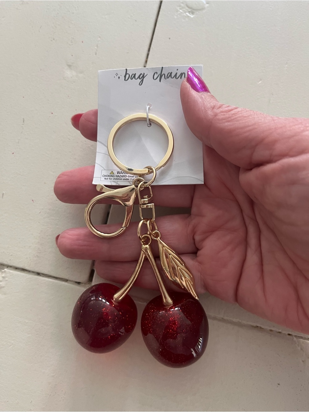 Gold Cherry Keychain Bag Charm - Red Cherries